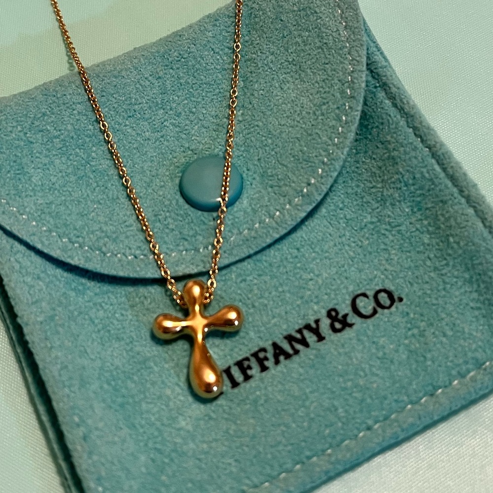 Authentic Tiffany & Co. 18K yellow gold Elsa Paretti Cross Pendant Necklace